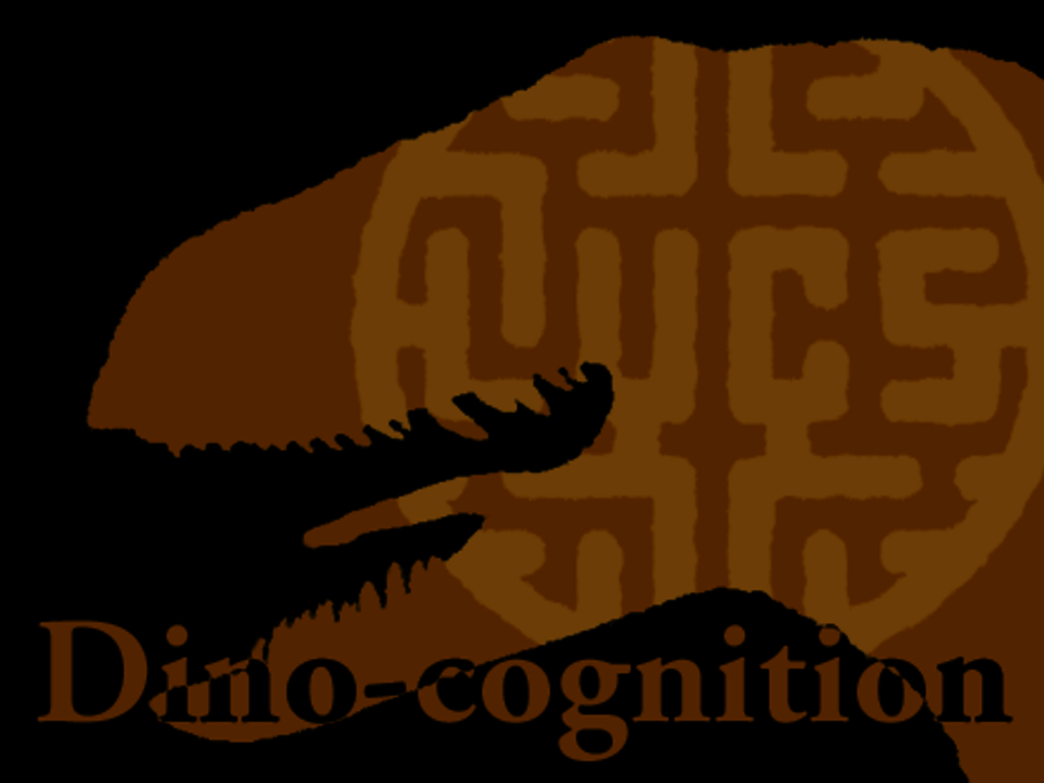 Illustration: Dinosaur head, LUCS logotype, and the text &quot;Dino-cognition&quot;