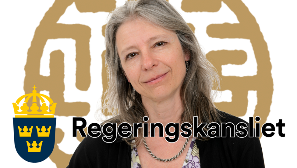 Illustration, Agneta Gulz med regeringskansliets logotyp – samt LUCS logotyp i bakgrunden.