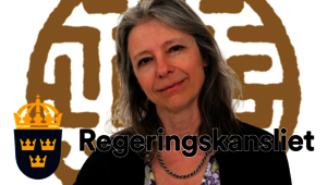 Illustration, Agneta Gulz med regeringskansliets logotyp – samt LUCS logotyp i bakgrunden.